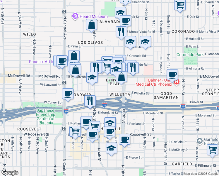 map of restaurants, bars, coffee shops, grocery stores, and more near 520 East Lynwood Street in Phoenix