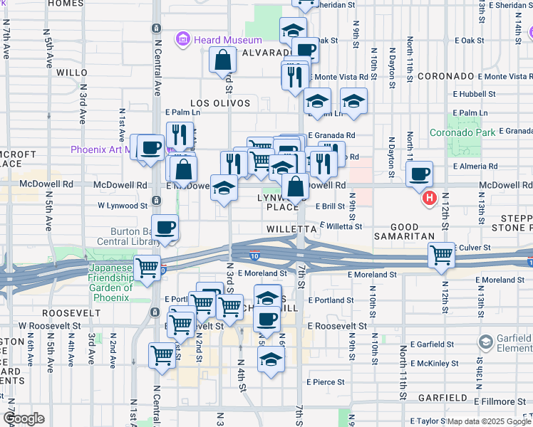 map of restaurants, bars, coffee shops, grocery stores, and more near 520 East Lynwood Street in Phoenix