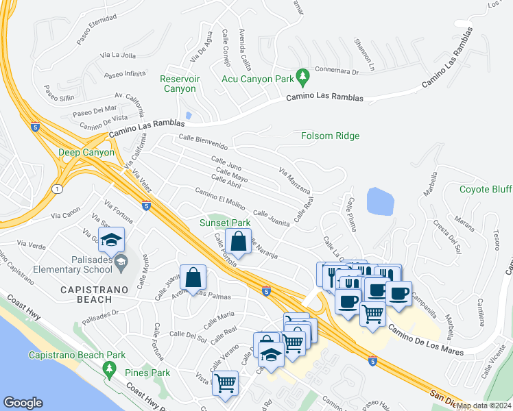 map of restaurants, bars, coffee shops, grocery stores, and more near 27001 Calle Juanita in Dana Point