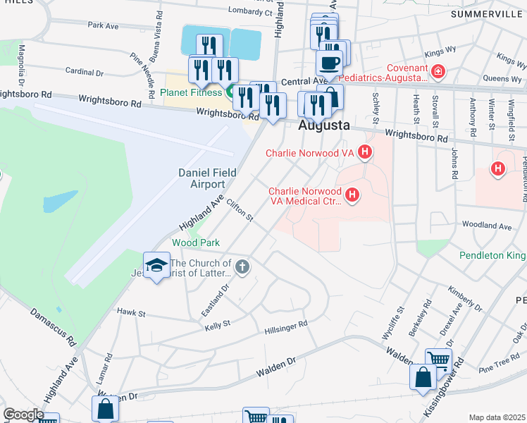 map of restaurants, bars, coffee shops, grocery stores, and more near 1912 Pennsylvania Avenue in Augusta