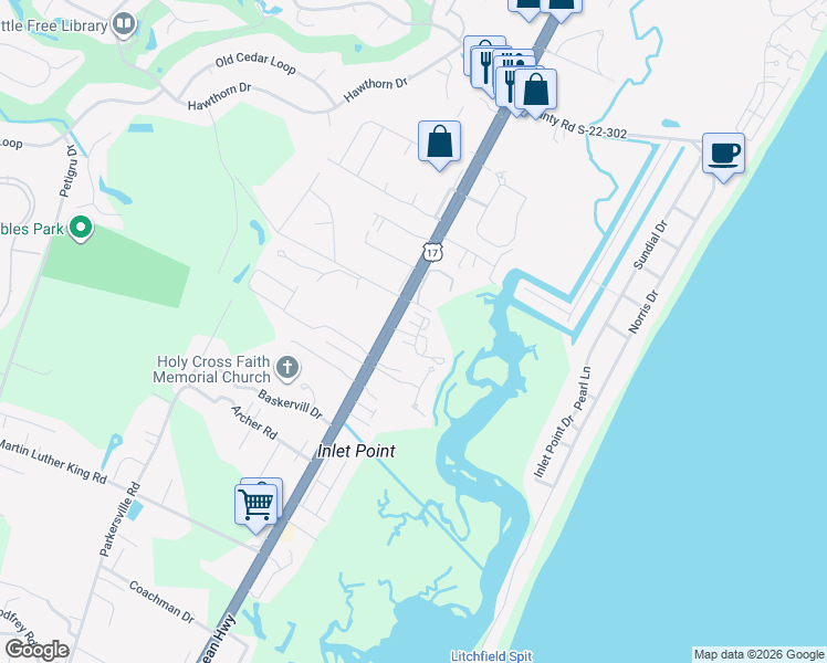 map of restaurants, bars, coffee shops, grocery stores, and more near 62 South Cove Place in Pawleys Island