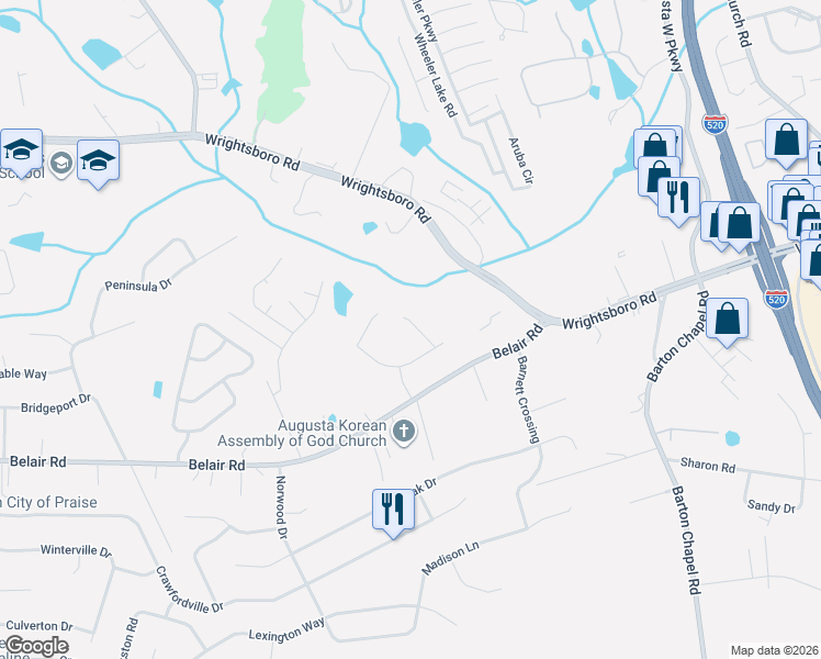 map of restaurants, bars, coffee shops, grocery stores, and more near 3024 Culverton Court in Augusta