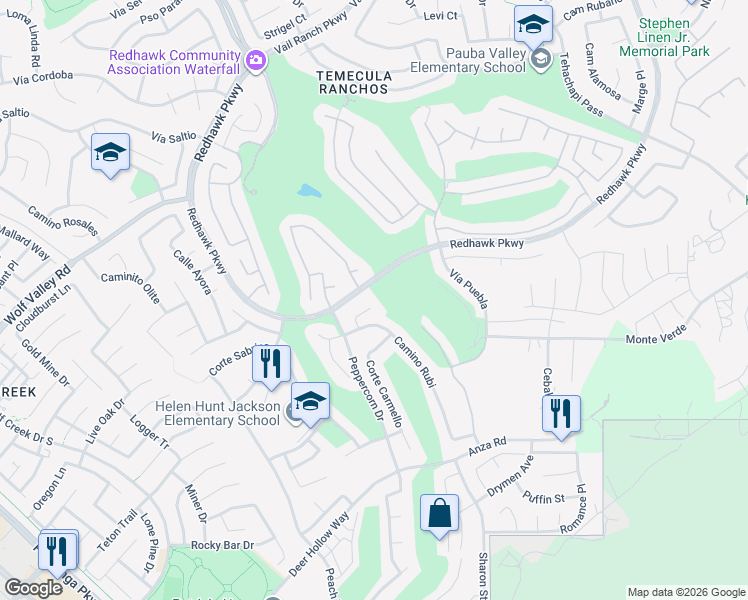 map of restaurants, bars, coffee shops, grocery stores, and more near 45605 Corte Royal in Temecula