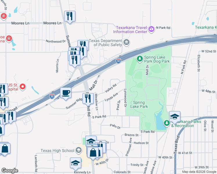 map of restaurants, bars, coffee shops, grocery stores, and more near 10 Holiday Lane in Texarkana