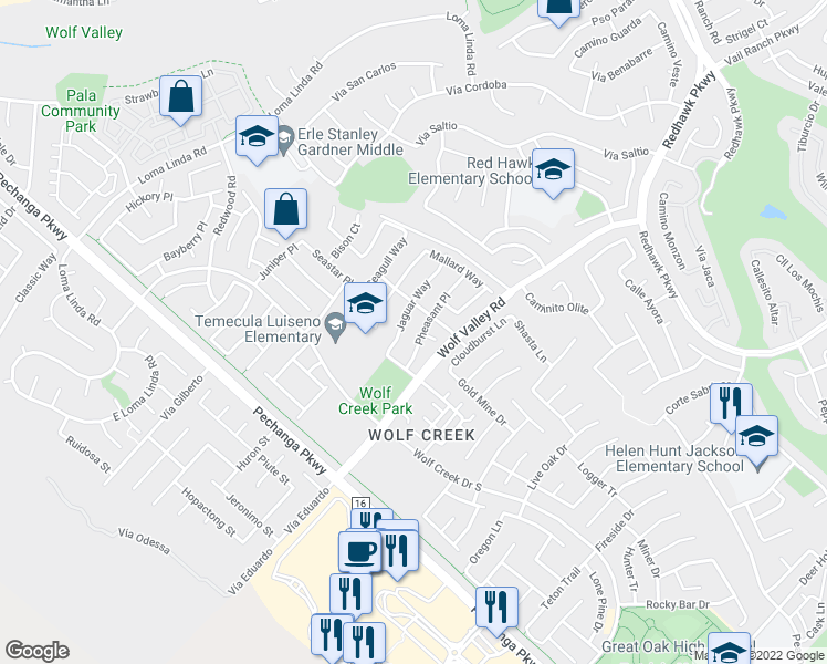 map of restaurants, bars, coffee shops, grocery stores, and more near 45699 Pheasant Place in Temecula