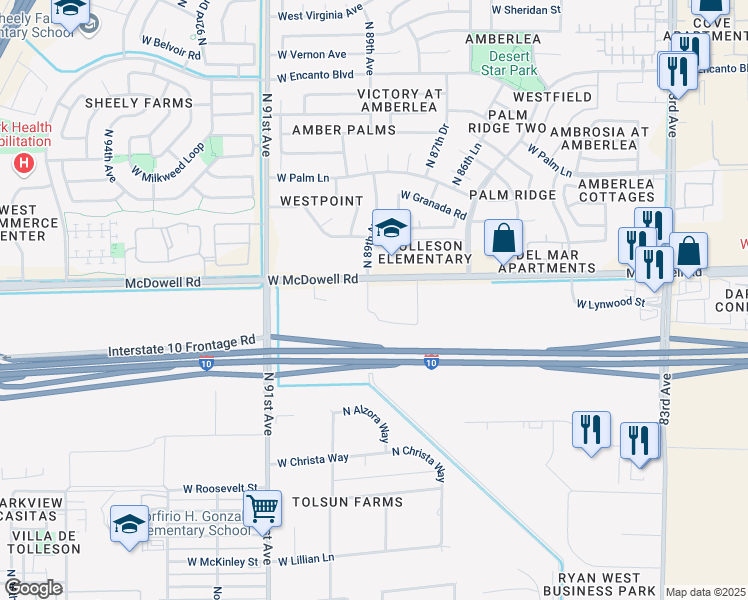 map of restaurants, bars, coffee shops, grocery stores, and more near 8727 West McDowell Road in Tolleson