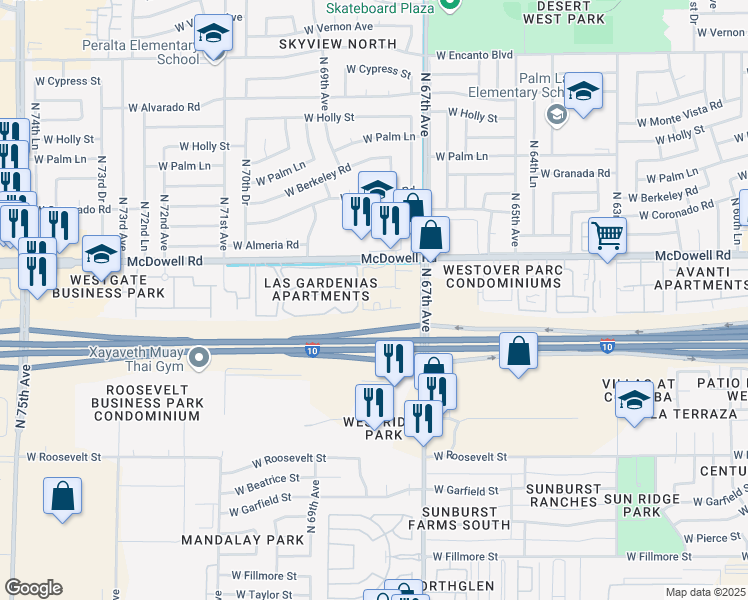 map of restaurants, bars, coffee shops, grocery stores, and more near 6741 West McDowell Road in Phoenix