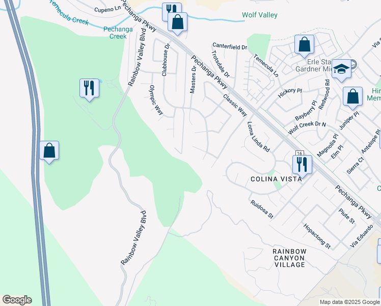 map of restaurants, bars, coffee shops, grocery stores, and more near 30860 Bardmoor Drive in Temecula
