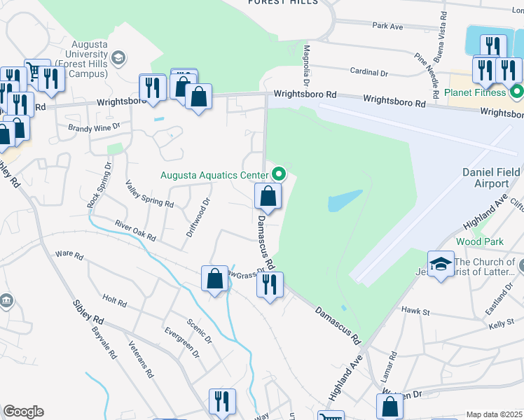 map of restaurants, bars, coffee shops, grocery stores, and more near 6047 Silver Birch PI in Augusta