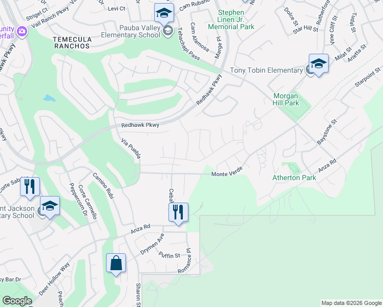 map of restaurants, bars, coffee shops, grocery stores, and more near 45611 Faxon Lane in Temecula
