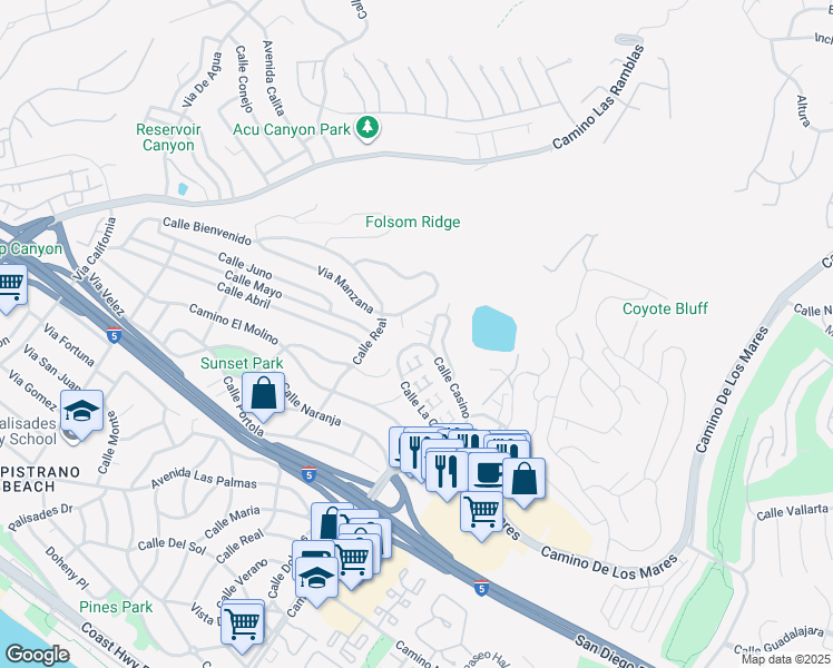 map of restaurants, bars, coffee shops, grocery stores, and more near 710 Calle Lima in San Clemente