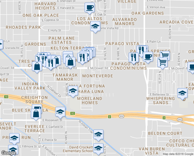 map of restaurants, bars, coffee shops, grocery stores, and more near 3601 East McDowell Road in Phoenix