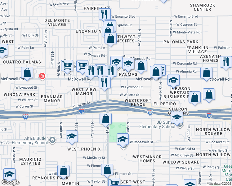 map of restaurants, bars, coffee shops, grocery stores, and more near 1515 North 34th Avenue in Phoenix