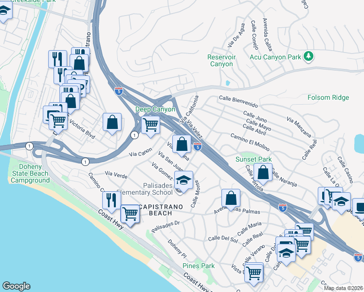 map of restaurants, bars, coffee shops, grocery stores, and more near 34283 Via Lopez in Dana Point
