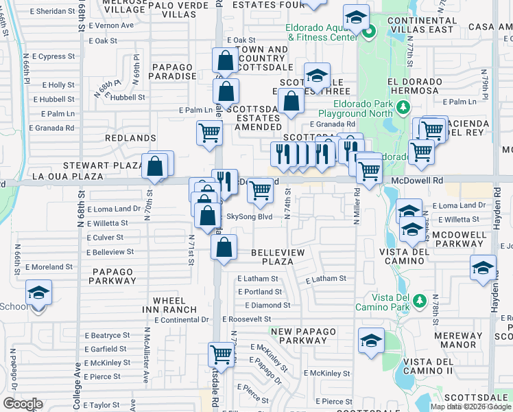 map of restaurants, bars, coffee shops, grocery stores, and more near 1475 North Scottsdale Road in Scottsdale