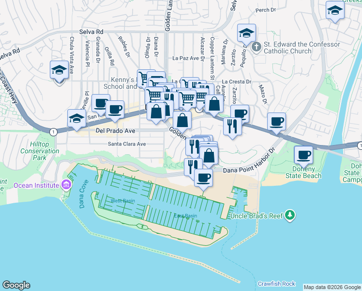 map of restaurants, bars, coffee shops, grocery stores, and more near 34312 Starboard Lantern in Dana Point