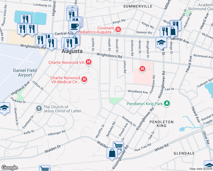 map of restaurants, bars, coffee shops, grocery stores, and more near 2352 Minto Street in Augusta