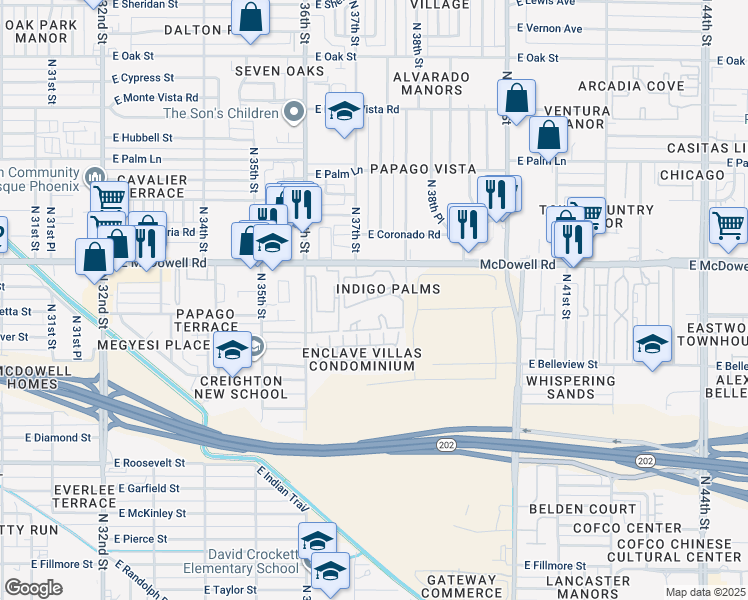 map of restaurants, bars, coffee shops, grocery stores, and more near 3777 East McDowell Road in Phoenix