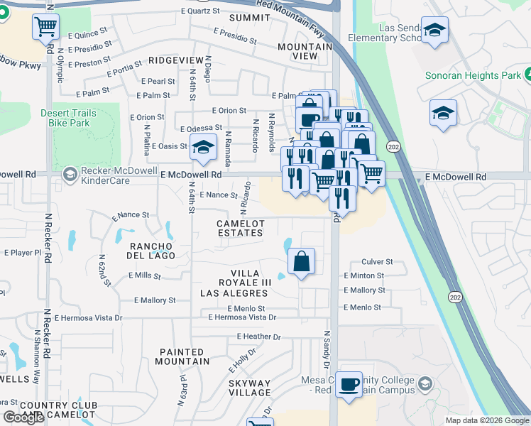 map of restaurants, bars, coffee shops, grocery stores, and more near 6566 East Nance Street in Mesa