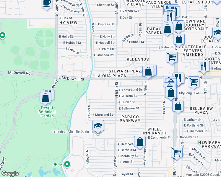 map of restaurants, bars, coffee shops, grocery stores, and more near 1550 North 67th Place in Scottsdale