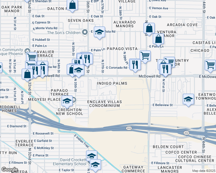 map of restaurants, bars, coffee shops, grocery stores, and more near 3777 East McDowell Road in Phoenix