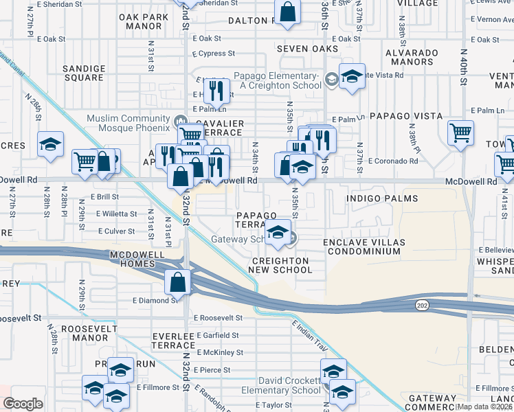 map of restaurants, bars, coffee shops, grocery stores, and more near 1431 North 34th Street in Phoenix