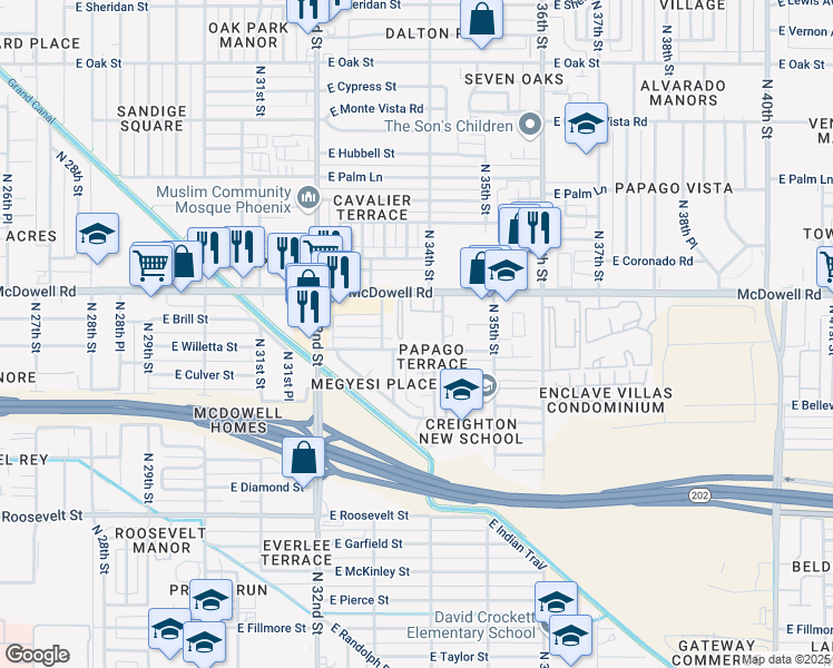 map of restaurants, bars, coffee shops, grocery stores, and more near 3323 East McDowell Road in Phoenix