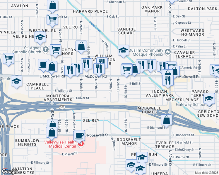 map of restaurants, bars, coffee shops, grocery stores, and more near 1503 North 28th Street in Phoenix