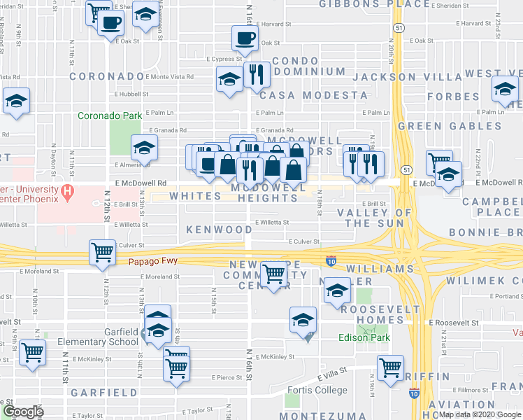 map of restaurants, bars, coffee shops, grocery stores, and more near 1614 East Brill Street in Phoenix