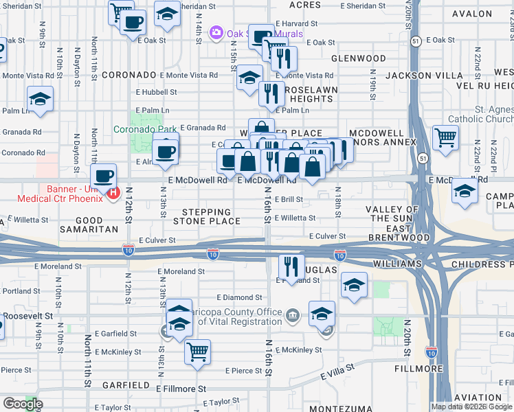 map of restaurants, bars, coffee shops, grocery stores, and more near 1530 East Brill Street in Phoenix