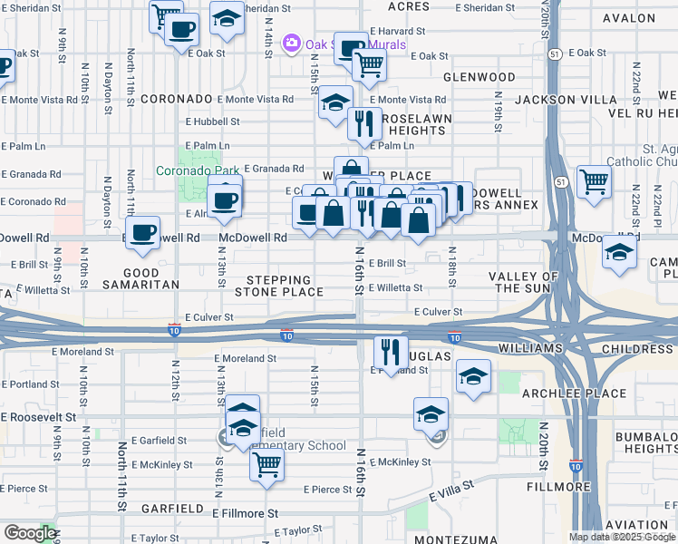 map of restaurants, bars, coffee shops, grocery stores, and more near 1530 East Brill Street in Phoenix