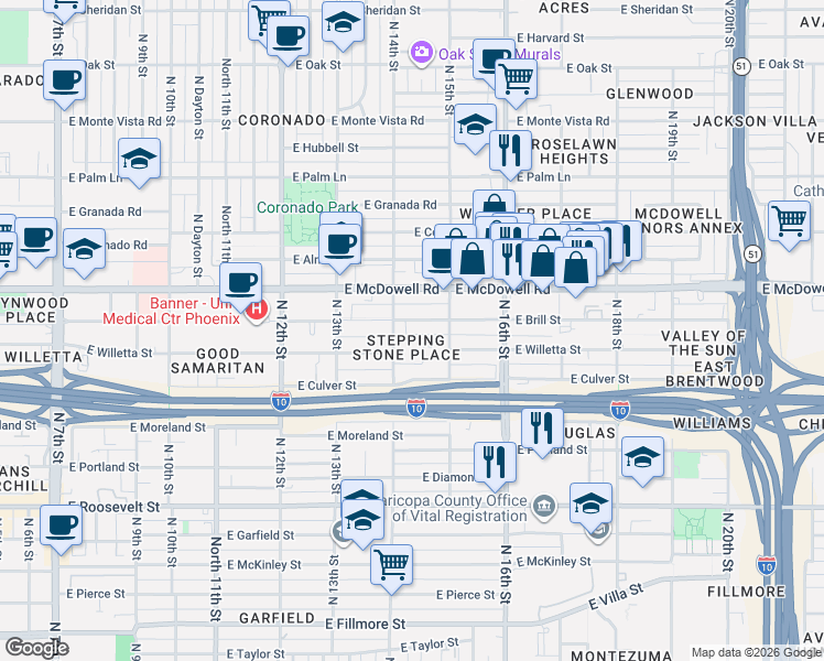 map of restaurants, bars, coffee shops, grocery stores, and more near 1412 East Brill Street in Phoenix