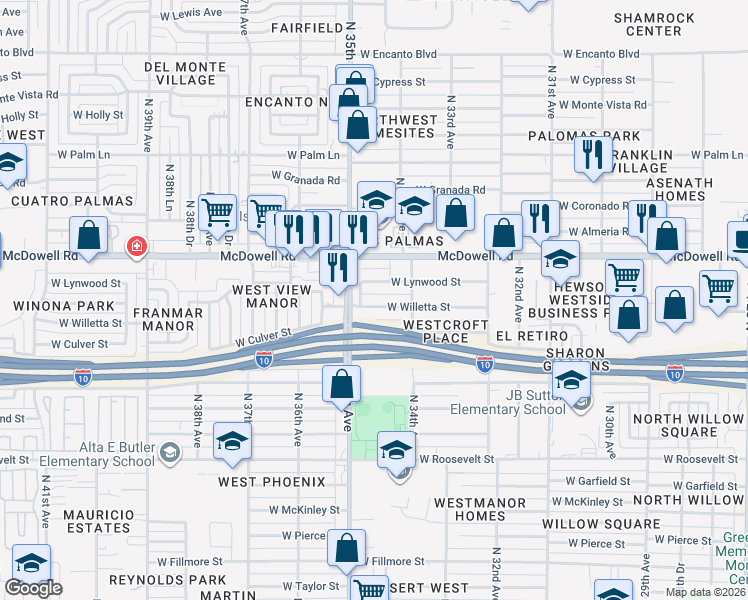 map of restaurants, bars, coffee shops, grocery stores, and more near 1515 North 34th Avenue in Phoenix