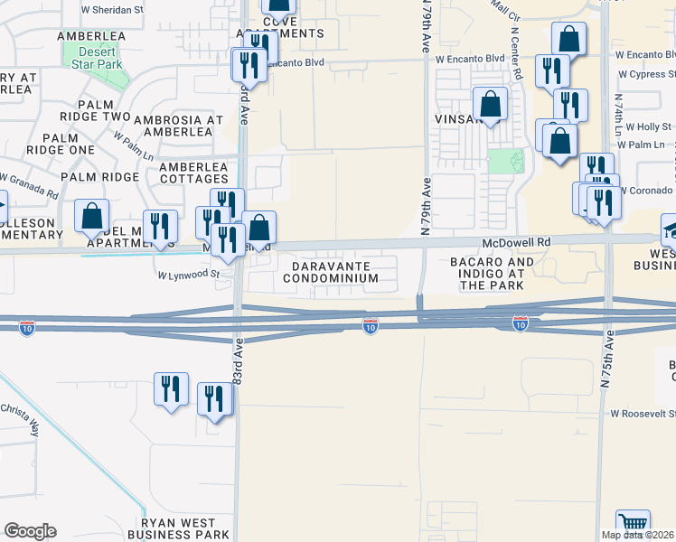 map of restaurants, bars, coffee shops, grocery stores, and more near 1521 North 80th Lane in Phoenix