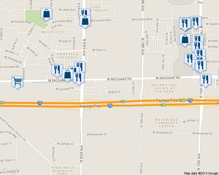 map of restaurants, bars, coffee shops, grocery stores, and more near 1522 North 81st Lane in Phoenix