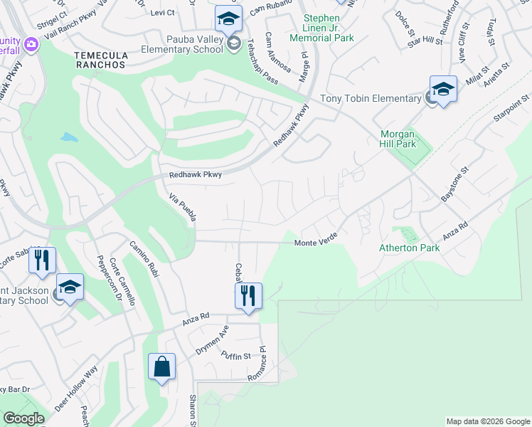 map of restaurants, bars, coffee shops, grocery stores, and more near 45611 Faxon Lane in Temecula