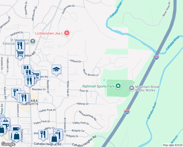 map of restaurants, bars, coffee shops, grocery stores, and more near 3418 Moss Brook Lane in Vestavia Hills