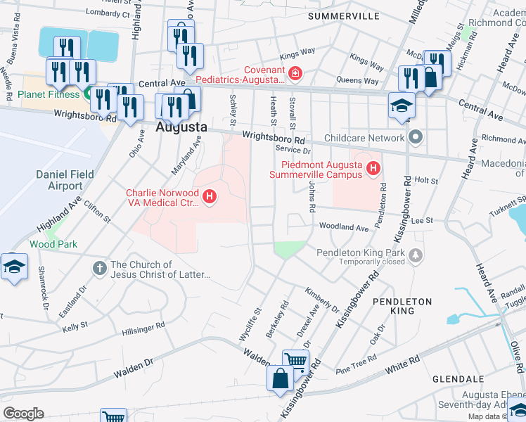 map of restaurants, bars, coffee shops, grocery stores, and more near 2354 Minto Street in Augusta