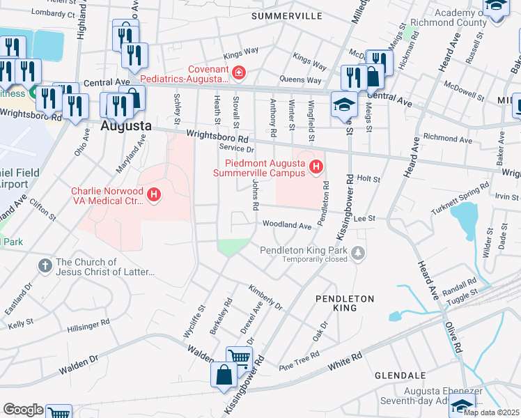 map of restaurants, bars, coffee shops, grocery stores, and more near 1600 Johns Road in Augusta