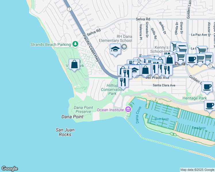 map of restaurants, bars, coffee shops, grocery stores, and more near 31 Shoreline Drive in Dana Point