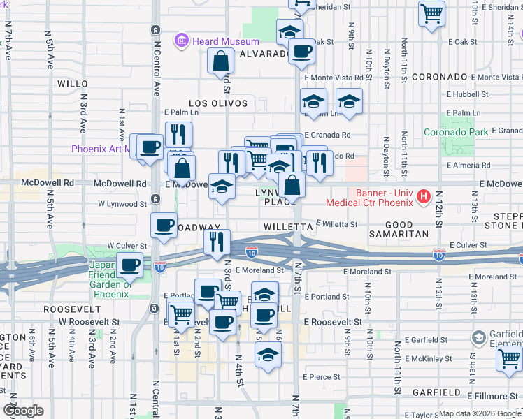 map of restaurants, bars, coffee shops, grocery stores, and more near 1430 North 5th Street in Phoenix