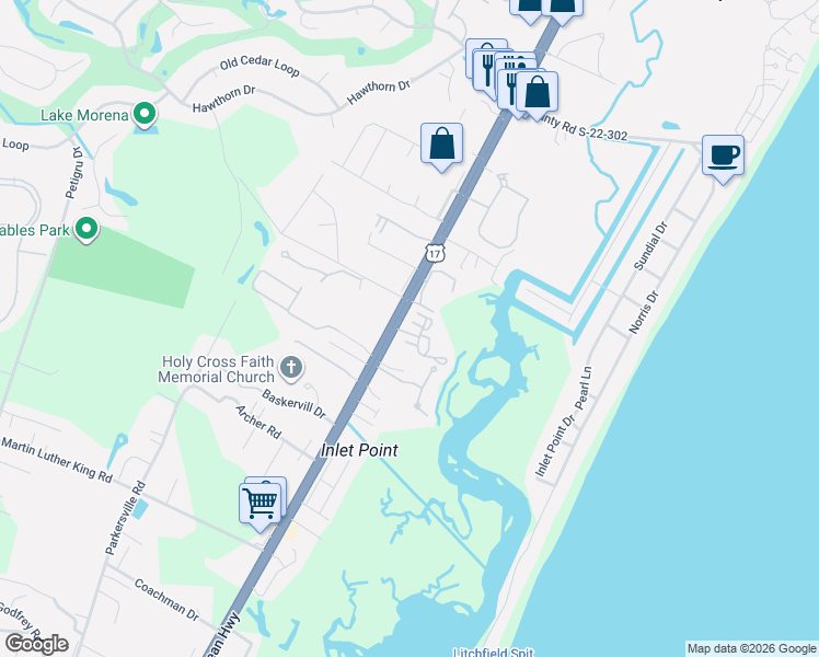 map of restaurants, bars, coffee shops, grocery stores, and more near 62 South Cove Place in Pawleys Island