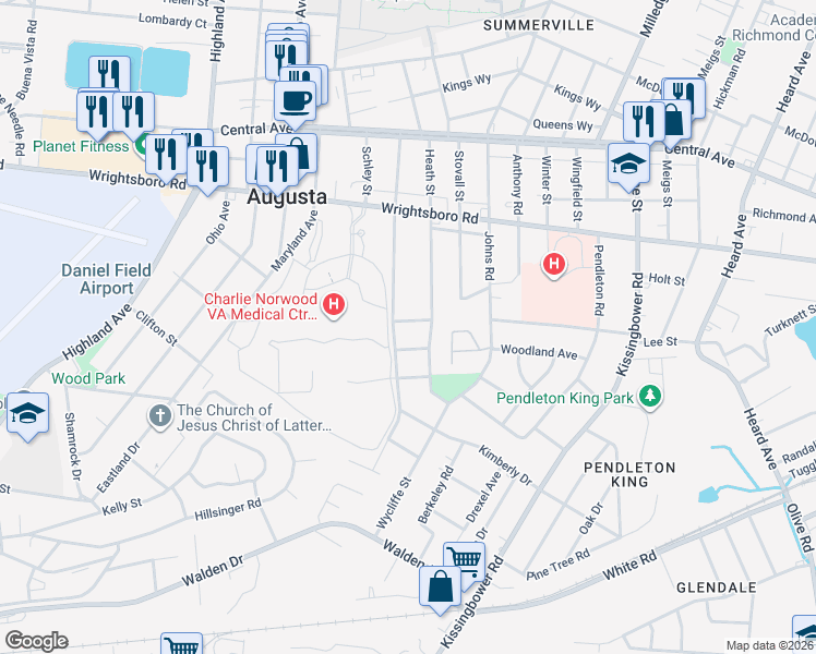 map of restaurants, bars, coffee shops, grocery stores, and more near 2351 Minto Street in Augusta