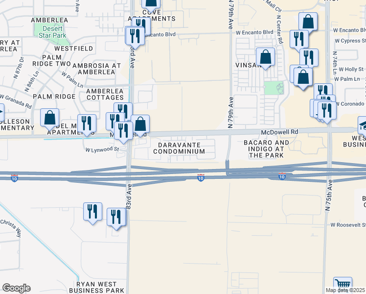 map of restaurants, bars, coffee shops, grocery stores, and more near 1521 North 80th Lane in Phoenix