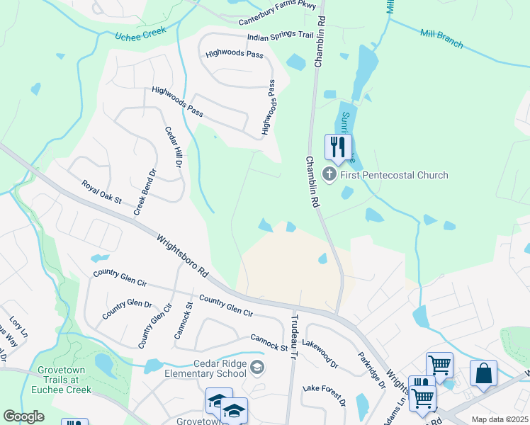 map of restaurants, bars, coffee shops, grocery stores, and more near 730 Meadow Hill Drive in Grovetown