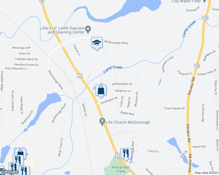 map of restaurants, bars, coffee shops, grocery stores, and more near 1070 Foxchase Drive in McDonough