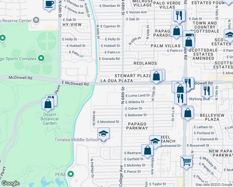 map of restaurants, bars, coffee shops, grocery stores, and more near 1550 North 67th Place in Scottsdale