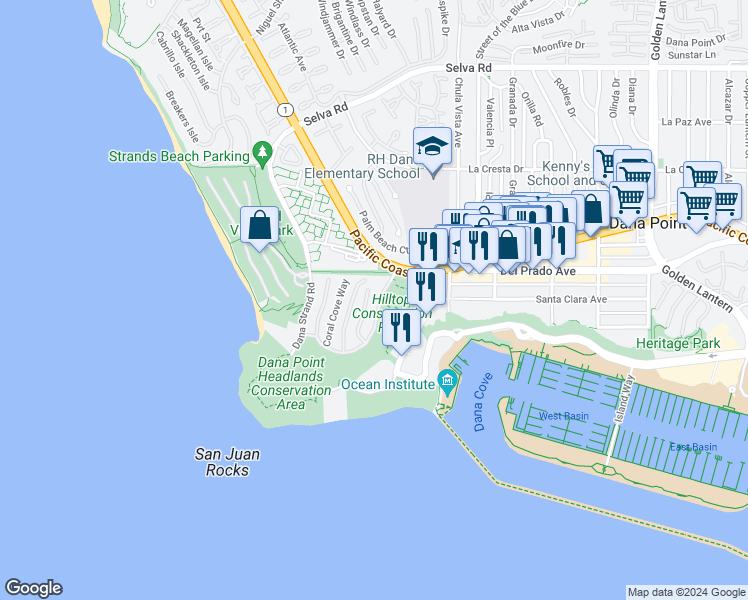 map of restaurants, bars, coffee shops, grocery stores, and more near 31 Shoreline Drive in Dana Point