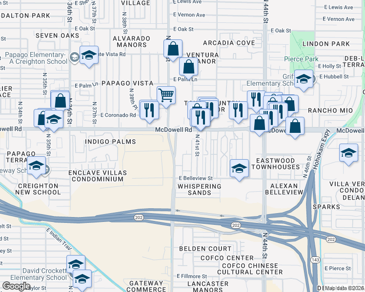 map of restaurants, bars, coffee shops, grocery stores, and more near 4001 East McDowell Road in Phoenix