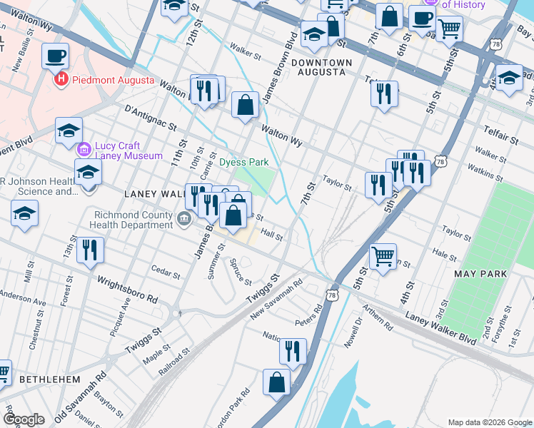 map of restaurants, bars, coffee shops, grocery stores, and more near 1014-1016 8th Street in Augusta